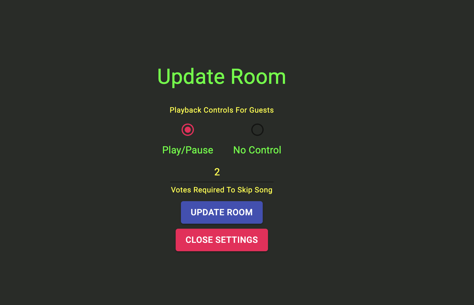Room settings update screen